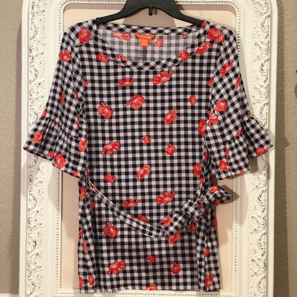 Joe Fresh Checkered Floral Bell Sleeve Blouse
